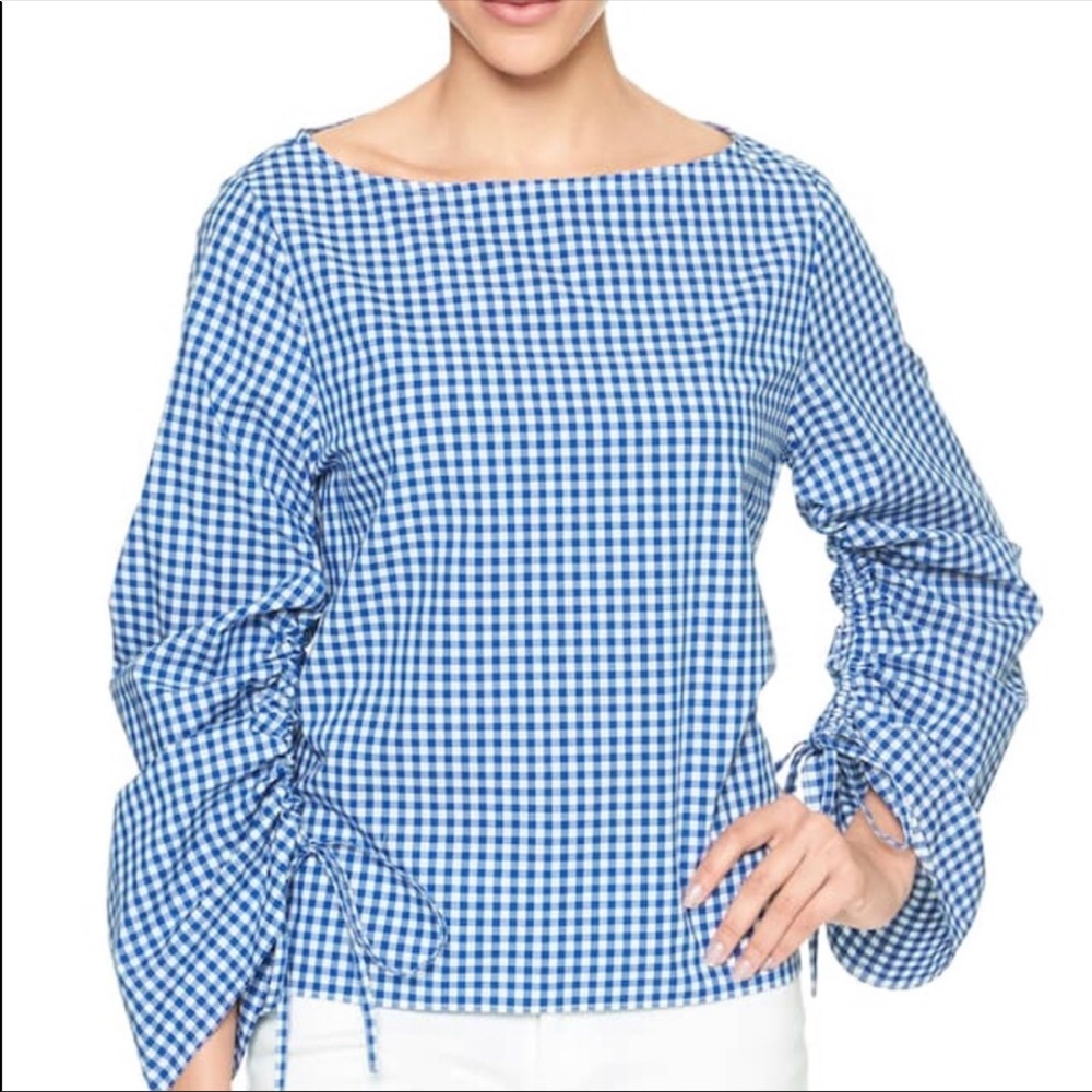 Gap Blue White Gingham Rusched Drawstring Top - image 4